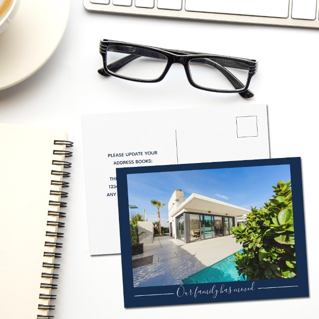 Our Family Has Moved Custom House Photo Navy Blue Postcard (Creator Uploaded)