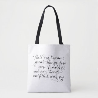 Our family inspirational typography verse tote bag