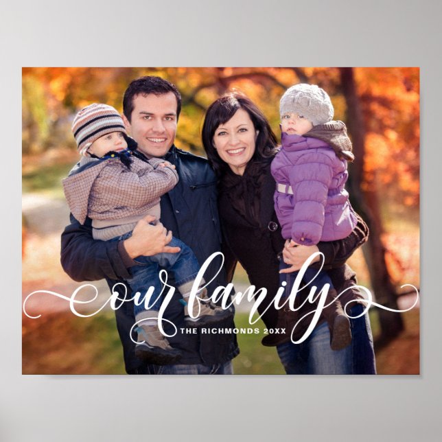 Our Family Modern Calligraphy Overlay Family Photo Poster (Front)
