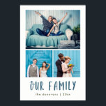 Our Family | Modern Three Photo Grid Poster<br><div class="desc">This fun and stylish poster features three of your personal family photos,  with modern teal text that says "our family" plus a spot to personalize with your family name and the year.</div>