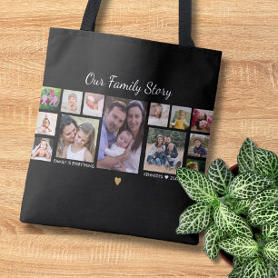 Our Family Story Quote Name 13 Photo Collage Black Tote Bag