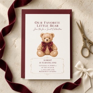 Our Favourite Little Bear Burgundy Bow Invitation