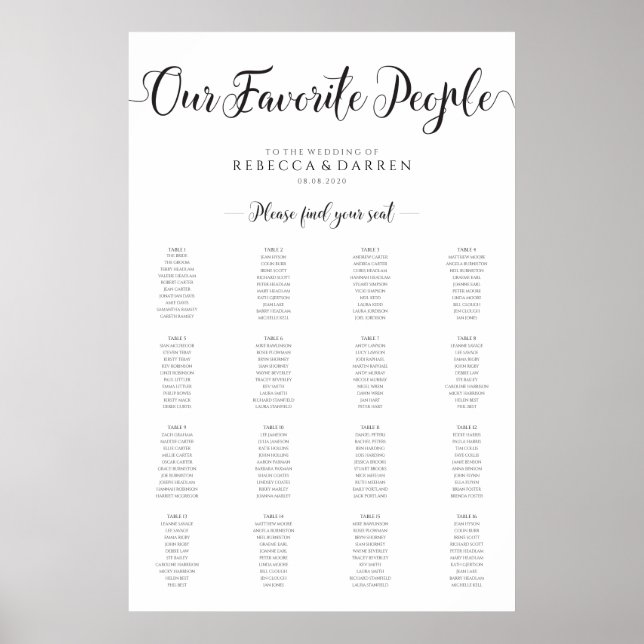 Our Favourite People 16 Table Wedding Seating Char Poster (Front)