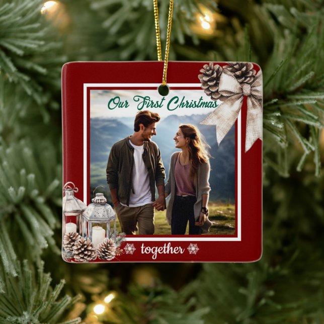 Our First Christmas 1 Photo Snow Pine Cones Ceramic Ornament (Tree)