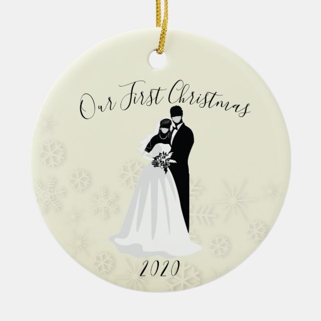 Our First Christmas 2020 Face Mask Bride Groom Ceramic Ornament (Front)
