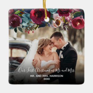 Our First Christmas 2 Photo Burgundy Floral Ceramic Ornament