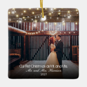 Our First Christmas 2 Photo Newlyweds Lights Ceramic Ornament
