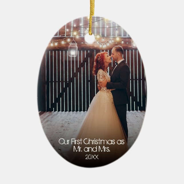 Our First Christmas 2 Photo Newlyweds Lights Ceramic Ornament (Front)