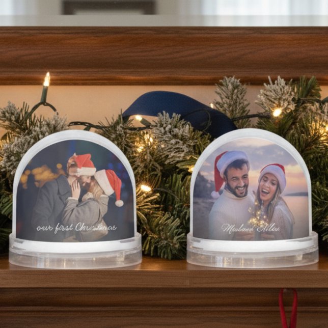 Our First Christmas 2 Photo Snow Globe (2-photo Our First Christmas snowglobe for newlywed couples, with custom text and custom names)