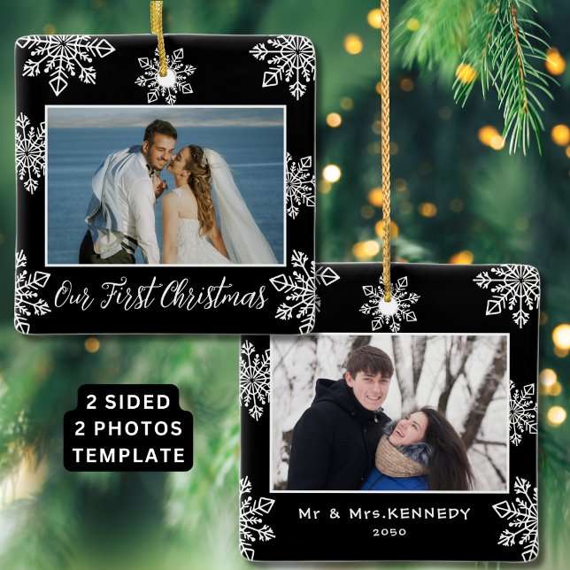 Our First Christmas 2 Photo White Snowflakes Black Ceramic Ornament (Our First Christmas 2 Photo White Snowflakes Black Ceramic Ornament
)