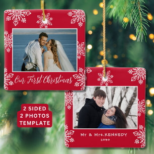 Our First Christmas 2 Photo White Snowflakes Red Ceramic Ornament
