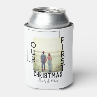 Our First Christmas add couple name photo minimal  Can Cooler