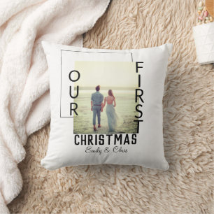 Our First Christmas add couple name photo minimal Cushion