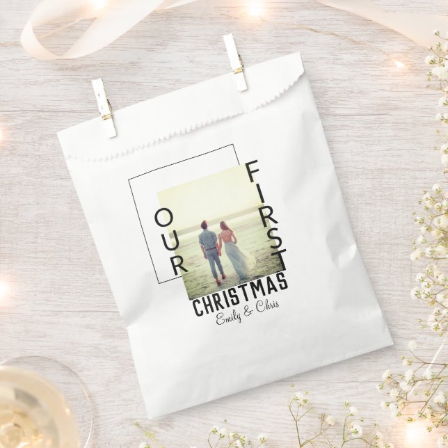 Our First Christmas add couple name photo minimal  Favour Bag (Clipped)
