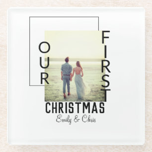 Our First Christmas add couple name photo minimal Glass Coaster