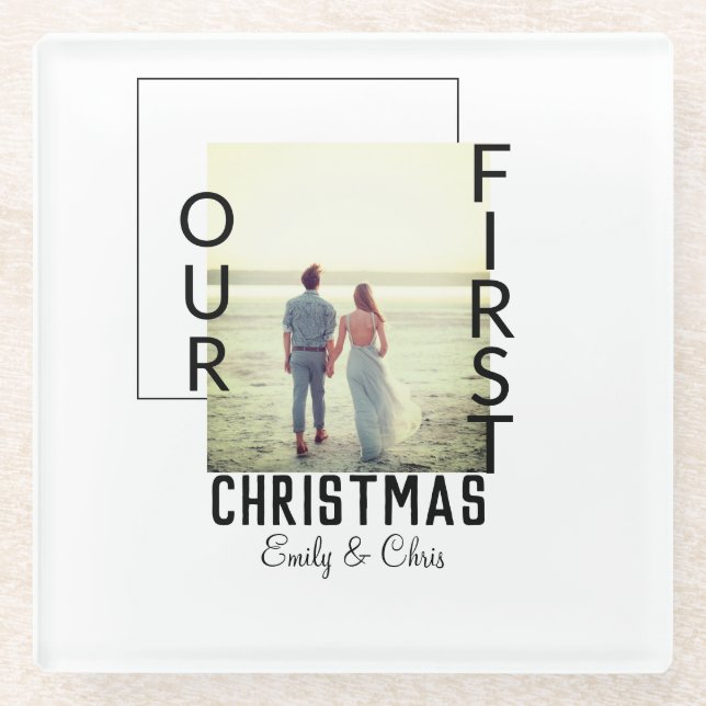 Our First Christmas add couple name photo minimal  Glass Coaster (Front)