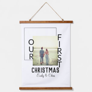 Our First Christmas add couple name photo minimal Hanging Tapestry