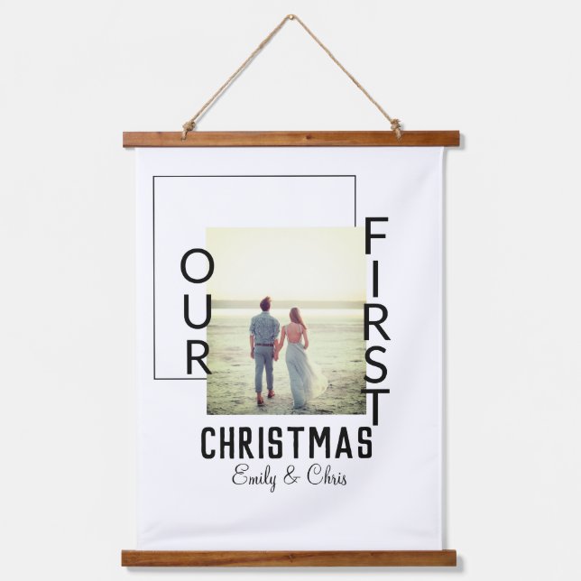Our First Christmas add couple name photo minimal  Hanging Tapestry (Front)