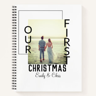 Our First Christmas add couple name photo minimal Notebook