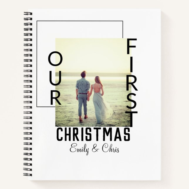 Our First Christmas add couple name photo minimal  Notebook (Front)