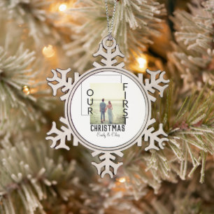 Our First Christmas add couple name photo minimal Snowflake Pewter Christmas Ornament