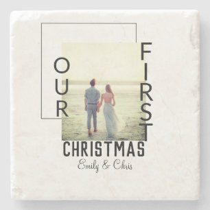 Our First Christmas add couple name photo minimal Stone Coaster