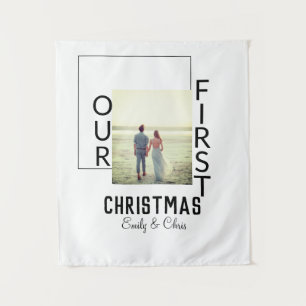 Our First Christmas add couple name photo minimal Tapestry