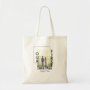 Our First Christmas add couple name photo minimal Tote Bag