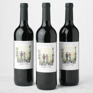 Our First Christmas add couple name photo minimal  Wine Label