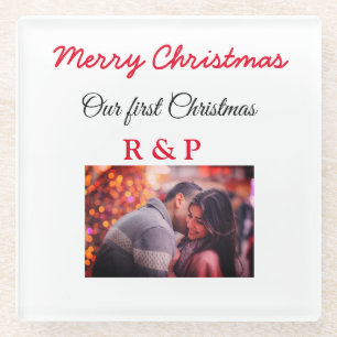 Our first Christmas add name photo wedding engaged Glass Coaster