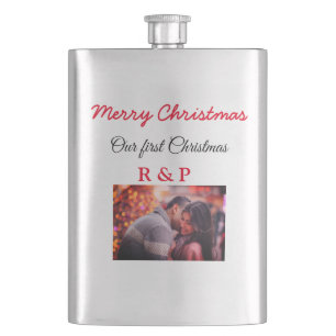 Our first Christmas add name photo wedding engaged Hip Flask