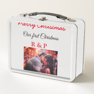Our first Christmas add name photo wedding engaged Metal Lunch Box