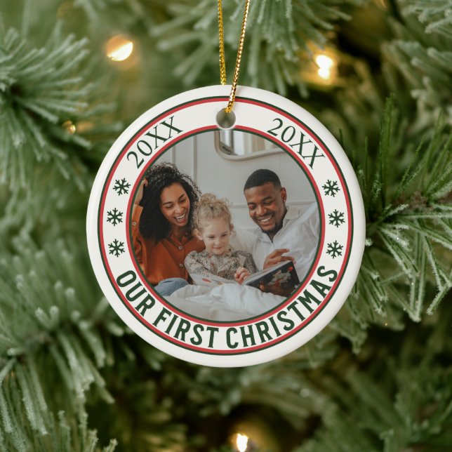 "Our First Christmas" Adoption New Baby Photo Ceramic Ornament (Tree)