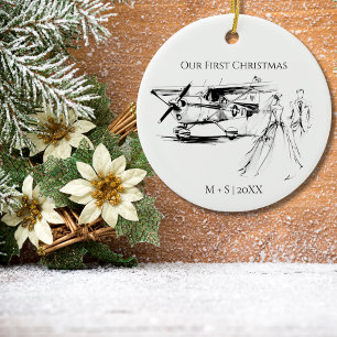 Our First Christmas Aeroplane Wedding Couple Photo Ceramic Ornament
