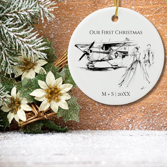 Our First Christmas Airplane Wedding Couple Photo Ceramic Ornament (Creator Uploaded)