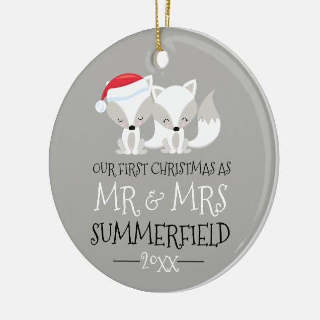 Our First Christmas Arctic Fox Personalised Ceramic Ornament (Left)