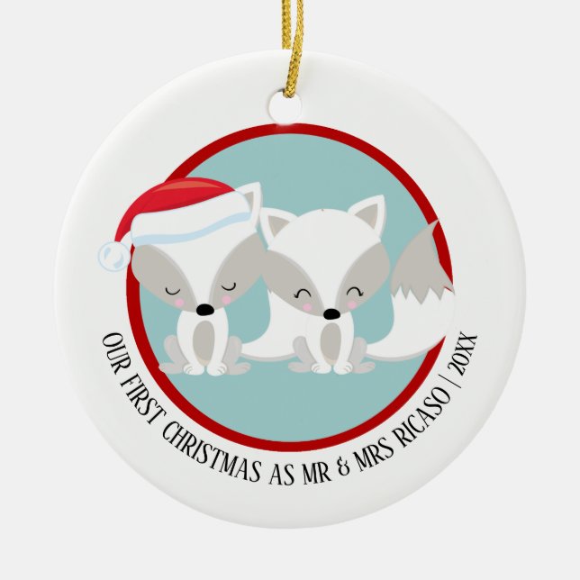 Our First Christmas Arctic Foxes Personalised Ceramic Ornament (Front)