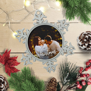 Our First Christmas As A Family Of 3 Elegant Photo Snowflake Pewter Christmas Ornament