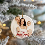 Our First Christmas As A Family Of 3 Red Script Ceramic Ornament<br><div class="desc">Our First Christmas As A Family Of 3 Red Script Ceramic Ornament</div>