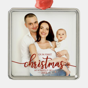 Our First Christmas As A Family Of 3 Red Script Metal Ornament