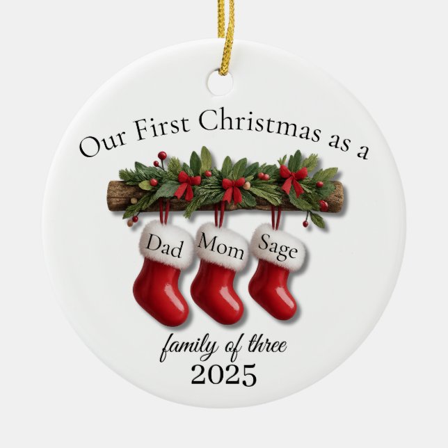 Our First Christmas as a Family of Three 2025 Ceramic Ornament (Front)