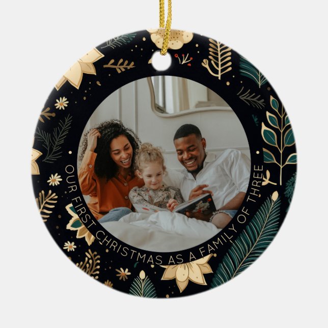 "Our First Christmas as a Family of Three" Ceramic Ornament (Front)