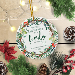 Our First Christmas as A Family Of Three Rustic Ceramic Ornament