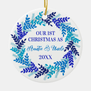 Our First Christmas as Auntie and Uncle Blue Ceramic Ornament