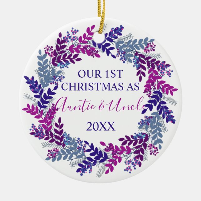Our First Christmas as Auntie and Uncle Purple Ceramic Ornament (Front)