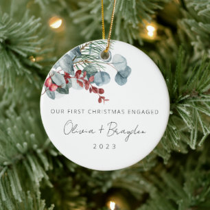 Our First Christmas As Engaged Eucalyptus Photo Ceramic Ornament