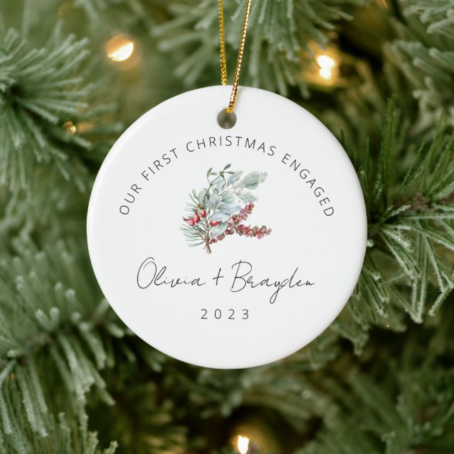 Our First Christmas As Engaged Eucalyptus Photo Ceramic Ornament (Tree)