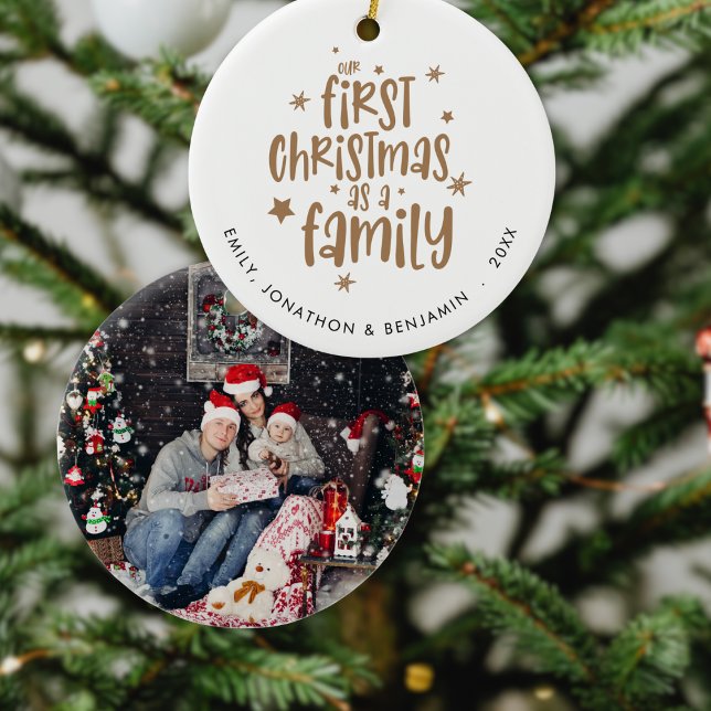 Our First Christmas As Family Name Year Photo Ceramic Ornament (Fron and back view)