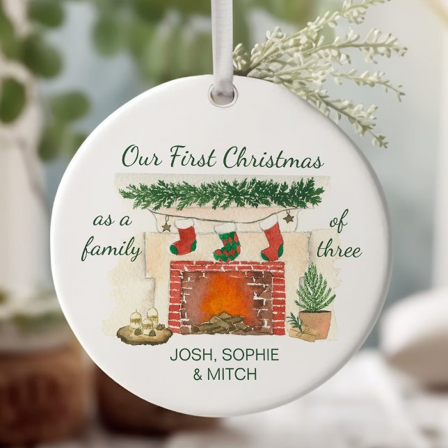 Our First Christmas as Family of 3 Cozy Stockings Ceramic Ornament (First Christmas as a family of 3, keepsake ornament)