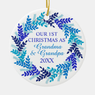 Our First Christmas as Grandma and Grandpa Blue Ceramic Ornament